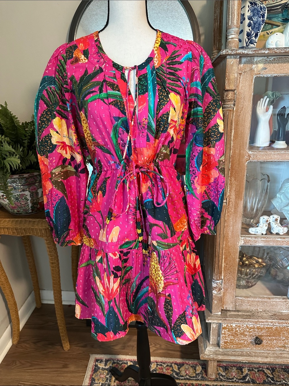 FARM Rio Hot Pink Tropical Print Mini Dress